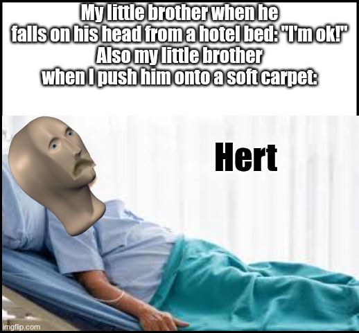 New Meme Man template | My little brother when he falls on his head from a hotel bed: "I'm ok!"
Also my little brother when I push him onto a soft carpet:; Hert | image tagged in blank,little brother,meme man,stonks,hurt | made w/ Imgflip meme maker