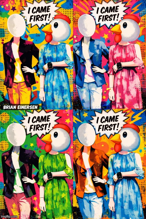 Eggistential Krisis | image tagged in fashion kartoon,elie tahari,saks fifth avenue,chic chicken,ai art,brian einersen | made w/ Imgflip meme maker