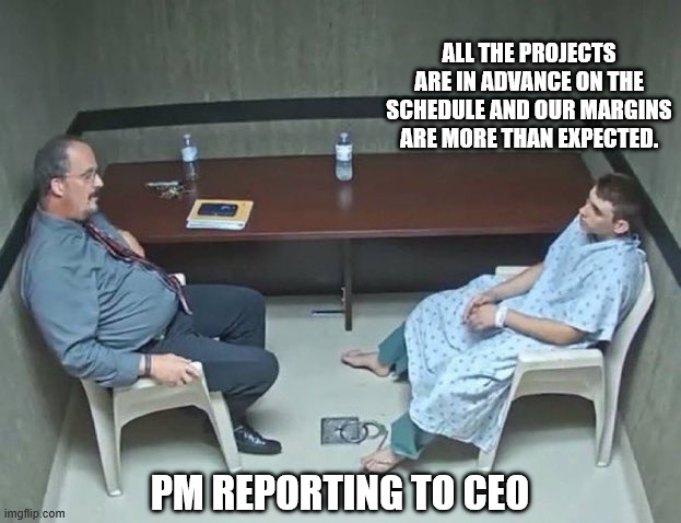 Are they in the room with us right now? | ALL THE PROJECTS ARE IN ADVANCE ON THE SCHEDULE AND OUR MARGINS ARE MORE THAN EXPECTED. PM REPORTING TO CEO | image tagged in project manager,project management,perfection | made w/ Imgflip meme maker