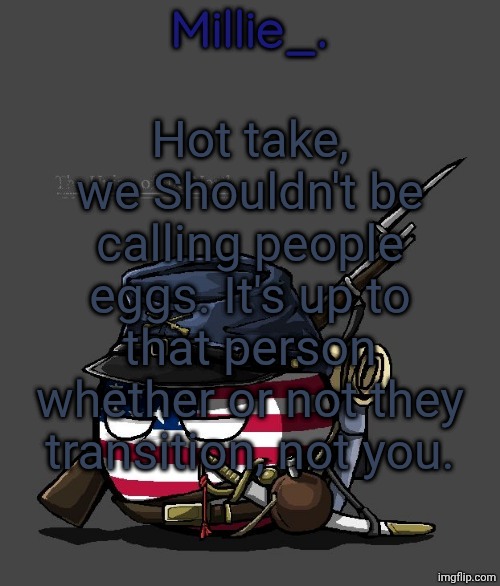Deleted the last one because of the typo | Hot take, we Shouldn't be calling people eggs. It's up to that person whether or not they transition, not you. | image tagged in millie's union of the north announcement template | made w/ Imgflip meme maker