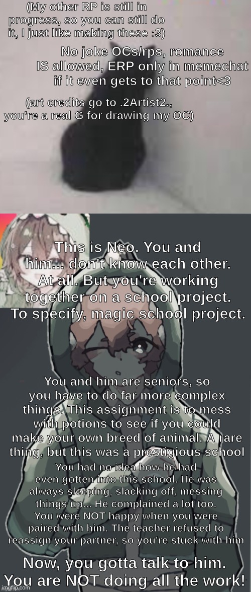 Another fantasy roleplay because I love those. | (My other RP is still in progress, so you can still do it, I just like making these :3); No joke OCs/rps, romance IS allowed, ERP only in memechat if it even gets to that point<3; (art credits go to .2Artist2., you're a real G for drawing my OC); This is Neo. You and him... don't know each other. At all. But you're working together on a school project. To specify, magic school project. You and him are seniors, so you have to do far more complex things. This assignment is to mess with potions to see if you could make your own breed of animal. A rare thing, but this was a prestigious school; You had no idea how he had even gotten into this school. He was always sleeping, slacking off, messing things up... He complained a lot too. You were NOT happy when you were paired with him. The teacher refused to reassign your partner, so you're stuck with him; Now, you gotta talk to him. You are NOT doing all the work! | image tagged in the most beautiful art ive ever seen | made w/ Imgflip meme maker