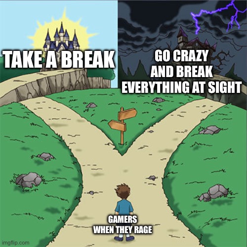 Ykyk | GO CRAZY AND BREAK EVERYTHING AT SIGHT; TAKE A BREAK; GAMERS WHEN THEY RAGE | image tagged in two paths,gaming | made w/ Imgflip meme maker