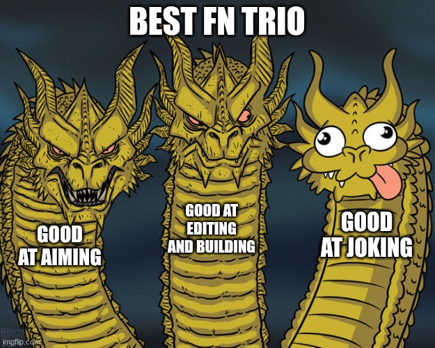 best Fortnite trio ever | BEST FN TRIO; GOOD AT EDITING AND BUILDING; GOOD AT JOKING; GOOD AT AIMING | image tagged in three-headed dragon | made w/ Imgflip meme maker