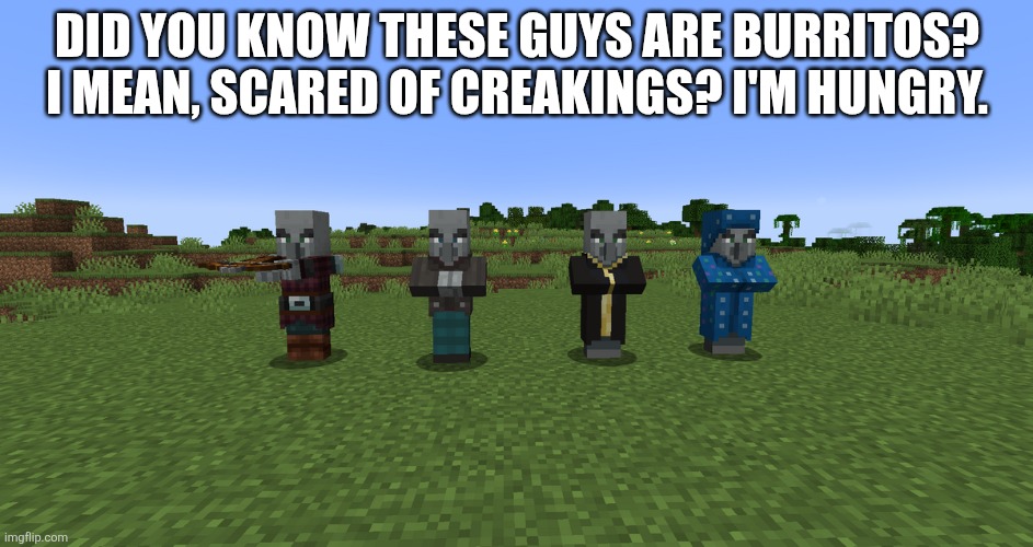 I'm hungry for a burrito | DID YOU KNOW THESE GUYS ARE BURRITOS? I MEAN, SCARED OF CREAKINGS? I'M HUNGRY. | image tagged in illagers | made w/ Imgflip meme maker