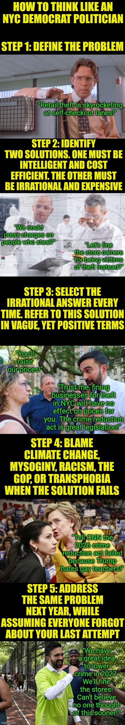 Thinking like a Democrat is like trying to drive a car across water. | HOW TO THINK LIKE AN NYC DEMOCRAT POLITICIAN; STEP 1: DEFINE THE PROBLEM; "Retail theft is skyrocketing at self-checkout lanes!"; STEP 2: IDENTIFY TWO SOLUTIONS. ONE MUST BE INTELLIGENT AND COST EFFICIENT. THE OTHER MUST BE IRRATIONAL AND EXPENSIVE; "We could press charges on people who steal?"; "Let's fine the store owners for being victims of theft instead?"; STEP 3: SELECT THE IRRATIONAL ANSWER EVERY TIME. REFER TO THIS SOLUTION IN VAGUE, YET POSITIVE TERMS; "You'll raise our prices!"; "Trust me, fining businesses for theft in NYC will have no effect on prices for you. The crime reduction act is great legislation!"; STEP 4: BLAME CLIMATE CHANGE, MYSOGINY, RACISM, THE GOP, OR TRANSPHOBIA WHEN THE SOLUTION FAILS; "Tell CNN the 2026 crime reduction act failed because Trump hates gay teachers!"; STEP 5: ADDRESS THE SAME PROBLEM NEXT YEAR, WHILE ASSUMING EVERYONE FORGOT ABOUT YOUR LAST ATTEMPT; "We have a great idea to lower crime in 2027. We'll fine the stores! Can't believe no one thought of this sooner!" | image tagged in new york city,crime,liberal logic,stupid liberals,liberal vs conservative,liberal hypocrisy | made w/ Imgflip meme maker