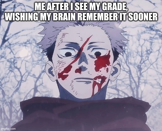 Yuji Itadori | ME AFTER I SEE MY GRADE, WISHING MY BRAIN REMEMBER IT SOONER | image tagged in yuji itadori | made w/ Imgflip meme maker