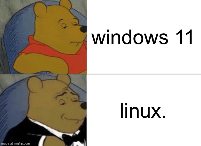 windows vs linux | windows 11; linux. | image tagged in memes,tuxedo winnie the pooh,linux,linus tolvalds | made w/ Imgflip meme maker