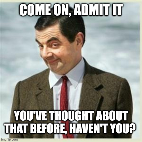 COME ON, ADMIT IT YOU'VE THOUGHT ABOUT THAT BEFORE, HAVEN'T YOU? | image tagged in mr bean smirk | made w/ Imgflip meme maker