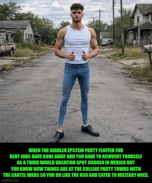 Funny | WHEN THE DIDDLER EPSTEIN PARTY FLUFFER FOR RENT JOBS HAVE GONE AWAY AND YOU HAVE TO REINVENT YOURSELF AS A THIRD WORLD VACATION SPOT JIGGOLO IN MEXICO BUT YOU KNOW HOW THINGS ARE AT THE COLLEGE PARTY TOWNS WITH THE CARTEL WARS SO YOU DO LIKE THE USO AND CATER TO MILITARY HOES. | image tagged in funny,hoes,military,epstein,diddy,jobs | made w/ Imgflip meme maker
