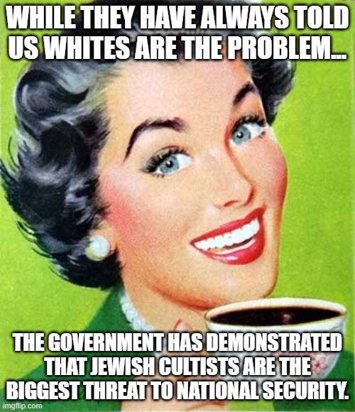 Mom | WHILE THEY HAVE ALWAYS TOLD US WHITES ARE THE PROBLEM... THE GOVERNMENT HAS DEMONSTRATED THAT JEWISH CULTISTS ARE THE BIGGEST THREAT TO NATIONAL SECURITY. | image tagged in mom,jewish,democrats,government,white,national security | made w/ Imgflip meme maker