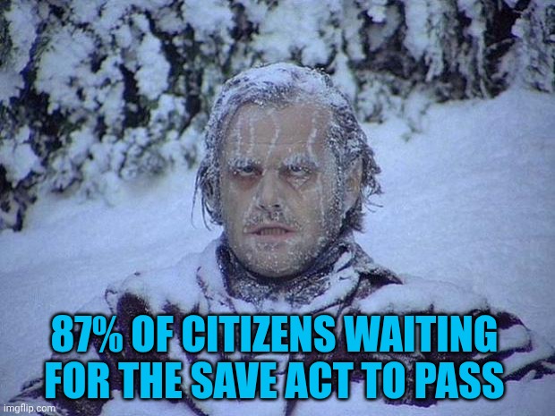 Jack Nicholson The Shining Snow Meme | 87% OF CITIZENS WAITING FOR THE SAVE ACT TO PASS | image tagged in memes,jack nicholson the shining snow | made w/ Imgflip meme maker