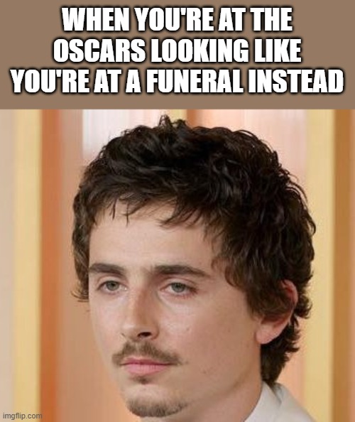 Timothée Chalamet At The Oscars | WHEN YOU'RE AT THE OSCARS LOOKING LIKE YOU'RE AT A FUNERAL INSTEAD | image tagged in timothee chalamet,oscars,funeral,academy awards,funny,memes | made w/ Imgflip meme maker