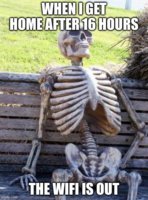 Waiting Skeleton Meme | WHEN I GET HOME AFTER 16 HOURS; THE WIFI IS OUT | image tagged in memes,waiting skeleton | made w/ Imgflip meme maker
