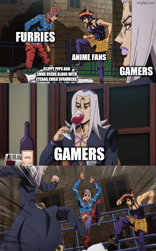 Stop hurting fluffyfox | FURRIES; ANIME FANS; GAMERS; CLIPPY PFPS AND LINUX USERS ALONG WITH EYEBAG EMOJI SPAMMERS; GAMERS | image tagged in abbacchio joins the kicking | made w/ Imgflip meme maker