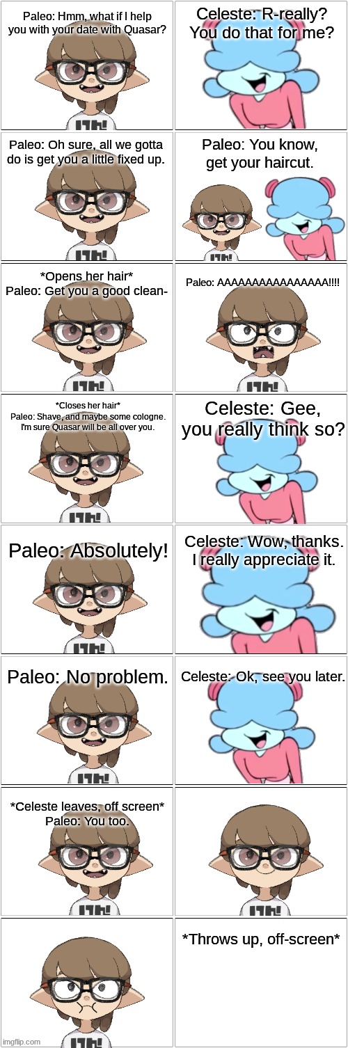 Paleo helps Celeste.mp3 | image tagged in paleo,celeste,naq,nebula and quasar,comic | made w/ Imgflip meme maker
