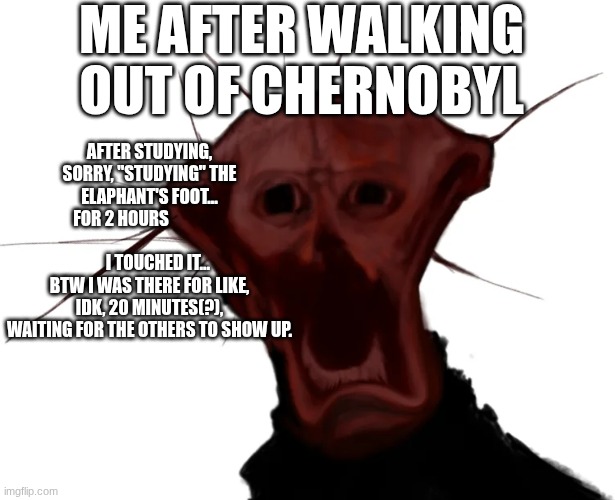 Disgusted Boiled One (PHEN-228) | ME AFTER WALKING OUT OF CHERNOBYL; AFTER STUDYING, SORRY, "STUDYING" THE ELAPHANT'S FOOT...
FOR 2 HOURS                                               I TOUCHED IT... 
BTW I WAS THERE FOR LIKE, IDK, 20 MINUTES(?), WAITING FOR THE OTHERS TO SHOW UP. | image tagged in disgusted boiled one phen-228 | made w/ Imgflip meme maker