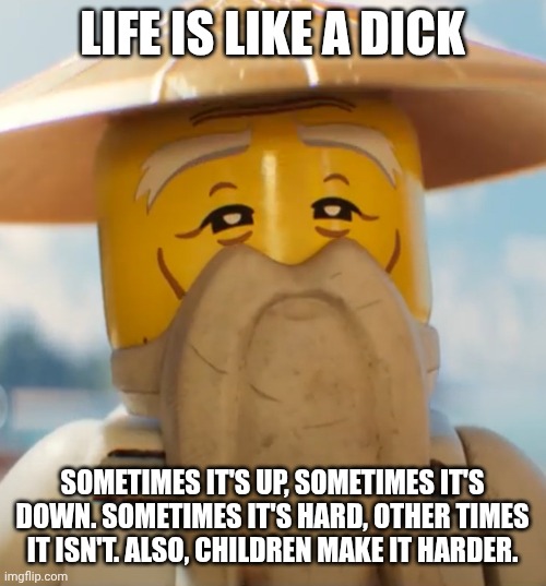 No title. | LIFE IS LIKE A DICK; SOMETIMES IT'S UP, SOMETIMES IT'S DOWN. SOMETIMES IT'S HARD, OTHER TIMES IT ISN'T. ALSO, CHILDREN MAKE IT HARDER. | image tagged in your elemental power is green | made w/ Imgflip meme maker