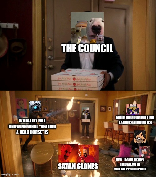 TMCU 2024 Colorized | THE COUNCIL; MOJO JOJO COMMITTING VARIOUS ATROCITIES; WHEATLEY NOT KNOWING WHAT "BEATING A DEAD HORSE" IS; NEW TEAMS TRYING TO DEAL WITH WHEATLEY'S BULLSHIT; SATAN CLONES | image tagged in community fire pizza meme | made w/ Imgflip meme maker