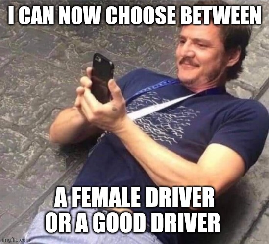 Guy looking on phone | I CAN NOW CHOOSE BETWEEN A FEMALE DRIVER OR A GOOD DRIVER | image tagged in guy looking on phone | made w/ Imgflip meme maker