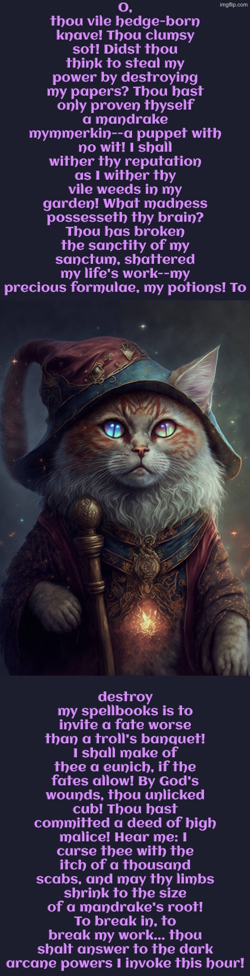 A Mandrake Mymmerkin--A Puppet With No Wit | O, thou vile hedge-born knave! Thou clumsy sot! Didst thou think to steal my power by destroying my papers? Thou hast only proven thyself a mandrake mymmerkin--a puppet with no wit! I shall wither thy reputation as I wither thy vile weeds in my garden! What madness possesseth thy brain? Thou has broken the sanctity of my sanctum, shattered my life's work--my precious formulae, my potions! To; destroy my spellbooks is to invite a fate worse than a troll's banquet! I shall make of thee a eunich, if the fates allow! By God's wounds, thou unlicked cub! Thou hast committed a deed of high malice! Hear me: I  curse thee with the itch of a thousand scabs, and may thy limbs shrink to the size of a mandrake's root! To break in, to break my work... thou shalt answer to the dark arcane powers I invoke this hour! | image tagged in cats,medieval memes,funny cats,wizards,cursed,insults | made w/ Imgflip meme maker