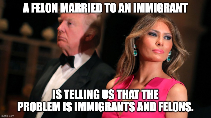 Daddy's Dinero meets Epstein Visa Recipient | A FELON MARRIED TO AN IMMIGRANT; IS TELLING US THAT THE PROBLEM IS IMMIGRANTS AND FELONS. | image tagged in donald vs melania the divorce that never happened,donald trump,melania trump,immigrants,criminals | made w/ Imgflip meme maker