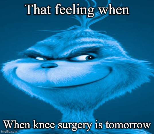 Gonna get my wisdom teeth out so i'm gonna make one of that after they come out. Then when my  spine comes out i'll make one for | That feeling when; When knee surgery is tomorrow | image tagged in blue grinch,knee surgery,that feeling when knee surgery is tomorrow | made w/ Imgflip meme maker