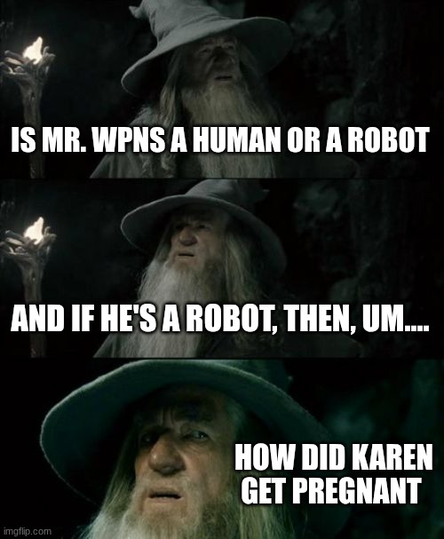 smg4 ? | IS MR. WPNS A HUMAN OR A ROBOT; AND IF HE'S A ROBOT, THEN, UM.... HOW DID KAREN GET PREGNANT | image tagged in memes,confused gandalf | made w/ Imgflip meme maker