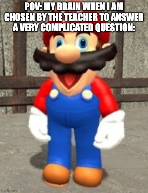 Where my smart brain at? | POV: MY BRAIN WHEN I AM CHOSEN BY THE TEACHER TO ANSWER A VERY COMPLICATED QUESTION: | image tagged in dumb mario,smg4 | made w/ Imgflip meme maker