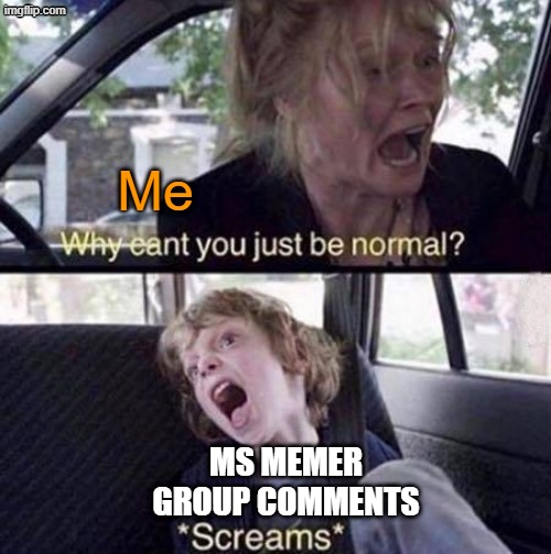 I am surrounded by idiots in ms memer group | Me; MS MEMER GROUP COMMENTS | image tagged in why can't you just be normal | made w/ Imgflip meme maker