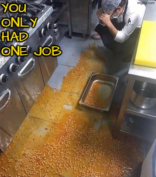 What a nightmarish mess | YOU ONLY HAD ONE JOB | image tagged in you had one job,task failed successfully,beans,spilled,dammit,mess | made w/ Imgflip meme maker