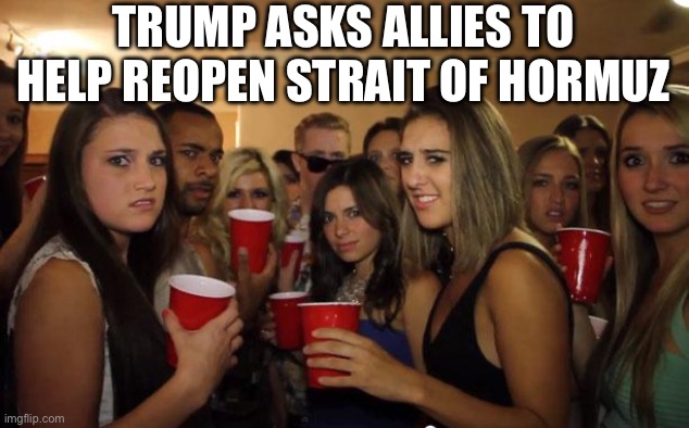 Awkward Party | TRUMP ASKS ALLIES TO HELP REOPEN STRAIT OF HORMUZ | image tagged in awkward party,trump,iran,ww3,hormuz,israel | made w/ Imgflip meme maker