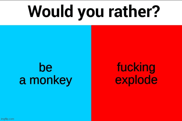 Would you rather? | be a monkey; fucking explode | image tagged in would you rather | made w/ Imgflip meme maker