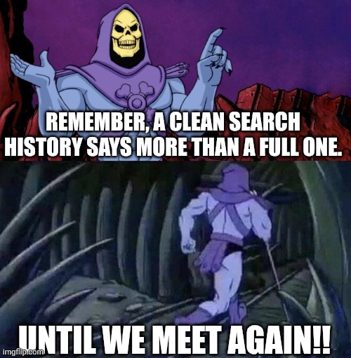 REMEMBER, A CLEAN SEARCH HISTORY SAYS MORE THAN A FULL ONE. UNTIL WE MEET AGAIN!! | image tagged in he man skeleton advices | made w/ Imgflip meme maker