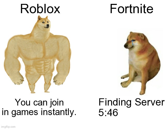 Buff Doge vs. Cheems Meme | Roblox; Fortnite; You can join in games instantly. Finding Server
5:46 | image tagged in memes,buff doge vs cheems | made w/ Imgflip meme maker
