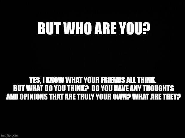 Who are you? | BUT WHO ARE YOU? YES, I KNOW WHAT YOUR FRIENDS ALL THINK.  BUT WHAT DO YOU THINK?  DO YOU HAVE ANY THOUGHTS AND OPINIONS THAT ARE TRULY YOUR OWN? WHAT ARE THEY? | image tagged in black background | made w/ Imgflip meme maker