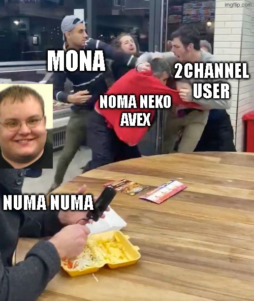 Numa Numa 2005 | MONA; 2CHANNEL USER; NOMA NEKO
AVEX; NUMA NUMA | image tagged in fighting | made w/ Imgflip meme maker