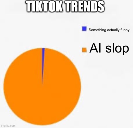 TikTok lacks funny things like the plastic chair edit I saw som time ago… it was random… | TIKTOK TRENDS; Something actually funny; AI slop | image tagged in pie chart meme | made w/ Imgflip meme maker