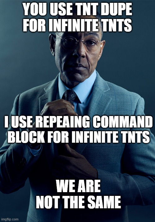 minecraft infinite tnt dupe | YOU USE TNT DUPE FOR INFINITE TNTS; I USE REPEAING COMMAND BLOCK FOR INFINITE TNTS; WE ARE NOT THE SAME | image tagged in gus fring we are not the same | made w/ Imgflip meme maker