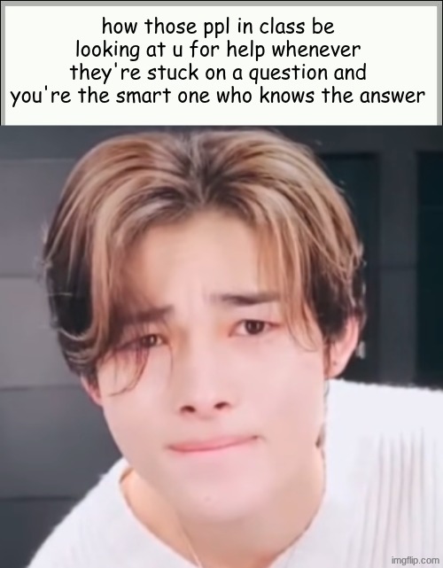 yea... some ppl may not find this relative iykyk | how those ppl in class be looking at u for help whenever they're stuck on a question and you're the smart one who knows the answer | image tagged in why,dumbass | made w/ Imgflip meme maker
