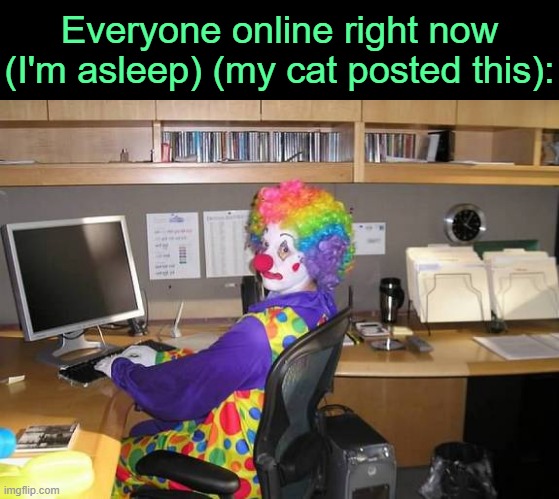 . | Everyone online right now (I'm asleep) (my cat posted this): | image tagged in clown computer | made w/ Imgflip meme maker