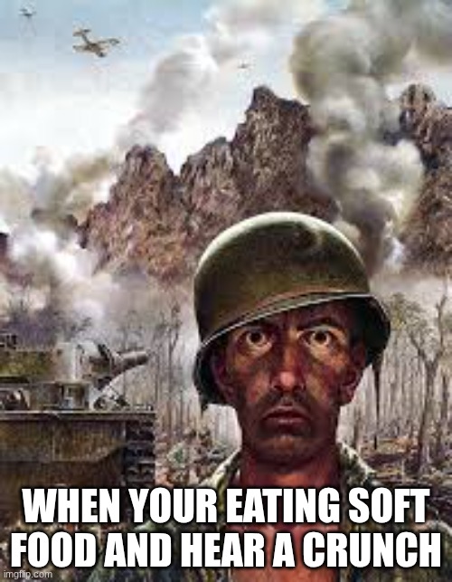 I did not likie | WHEN YOUR EATING SOFT FOOD AND HEAR A CRUNCH | image tagged in thousand yard stare | made w/ Imgflip meme maker