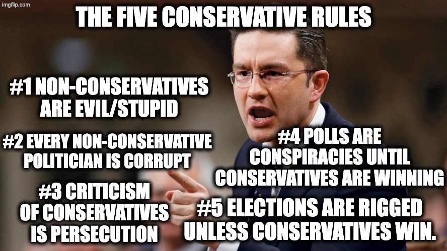 The Five Conservative Rules | THE FIVE CONSERVATIVE RULES; #1 NON-CONSERVATIVES ARE EVIL/STUPID; #4 POLLS ARE CONSPIRACIES UNTIL CONSERVATIVES ARE WINNING; #2 EVERY NON-CONSERVATIVE POLITICIAN IS CORRUPT; #3 CRITICISM OF CONSERVATIVES IS PERSECUTION; #5 ELECTIONS ARE RIGGED UNLESS CONSERVATIVES WIN. | image tagged in pierre poilievre,canada,canadian politics,conservatives | made w/ Imgflip meme maker