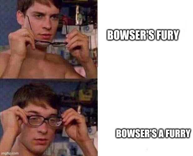 Don't you see it? | BOWSER'S FURY; BOWSER'S A FURRY | image tagged in spiderman glasses | made w/ Imgflip meme maker