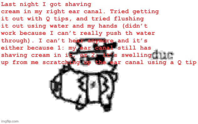 TLDR: shaving cream took my hearing | Last night I got shaving cream in my right ear canal. Tried getting it out with Q tips, and tried flushing it out using water and my hands (didn’t work because I can’t really push th water through). I can’t hear anymore and it’s either because 1: my ear canal still has shaving cream in it, or 2: it’s swelling up from me scratching up the ear canal using a Q tip | image tagged in ducc's loaf temp v3 | made w/ Imgflip meme maker