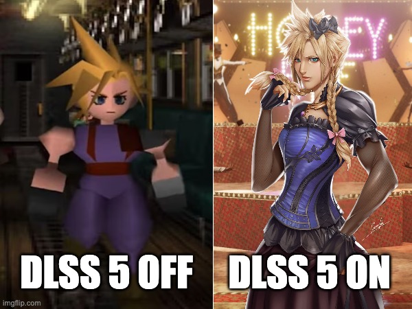 DLSS 5 filter applied to OG FFVII | DLSS 5 ON; DLSS 5 OFF | image tagged in gamers rise up | made w/ Imgflip meme maker