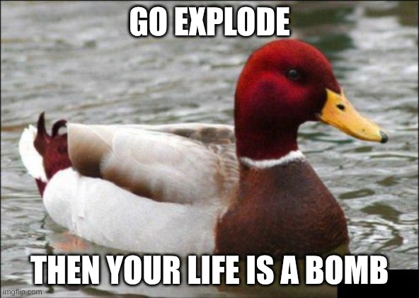 Malicious Advice Mallard Meme | GO EXPLODE; THEN YOUR LIFE IS A BOMB | image tagged in memes,malicious advice mallard | made w/ Imgflip meme maker