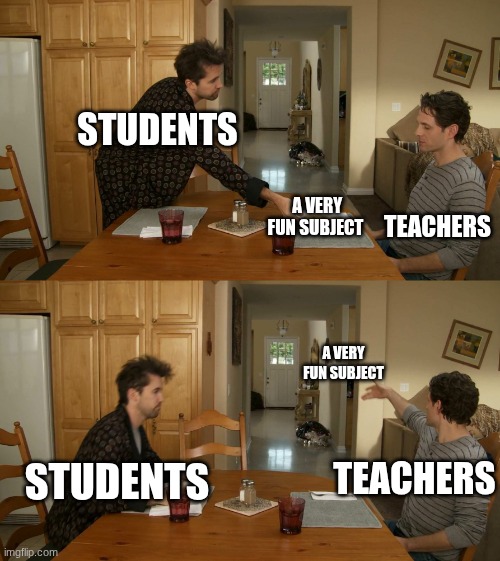 Plate toss | STUDENTS; TEACHERS; A VERY FUN SUBJECT; A VERY FUN SUBJECT; STUDENTS; TEACHERS | image tagged in plate toss | made w/ Imgflip meme maker