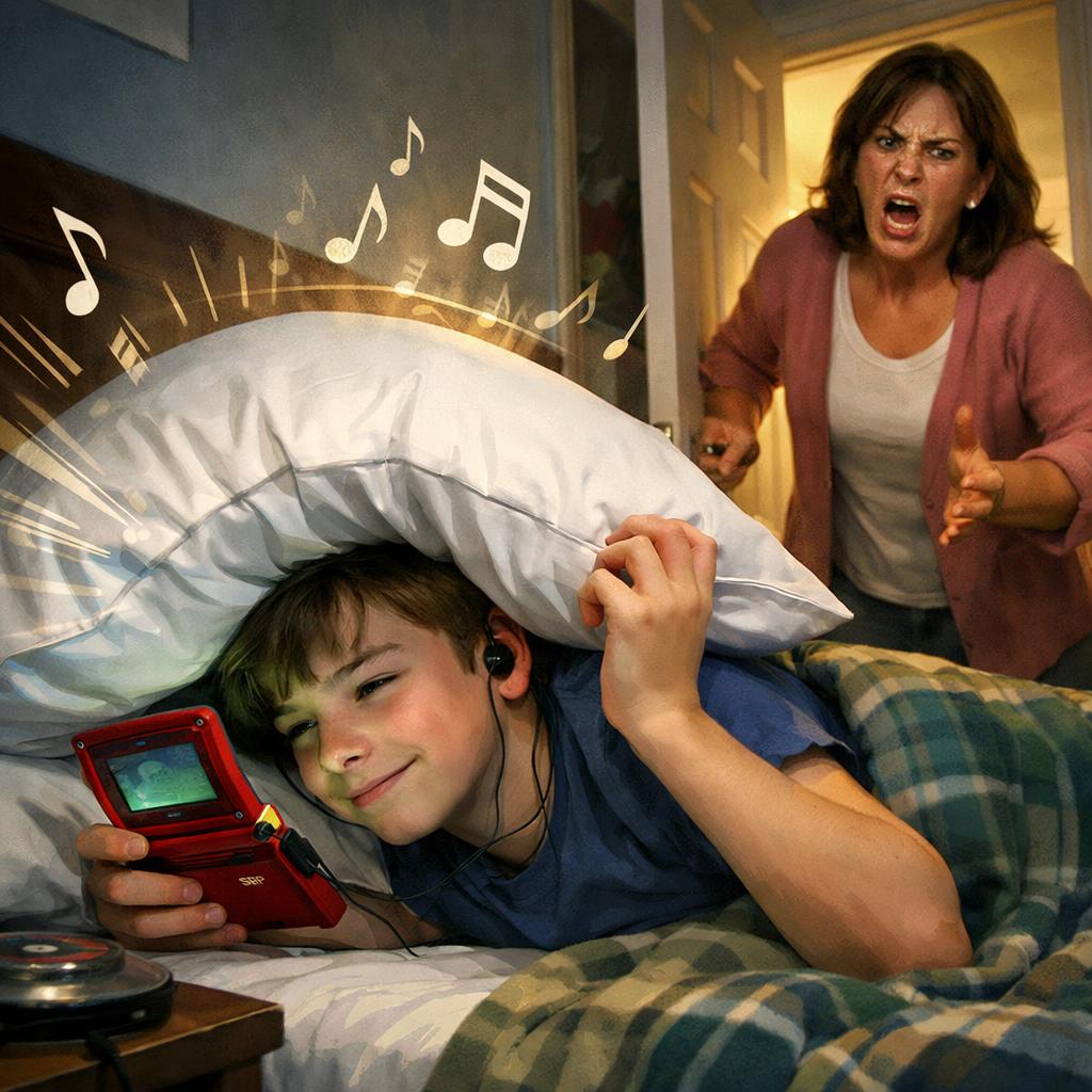 Nintendo mit lauter Musik unter dem Kopfkissen und Mutter kommt Blank Meme Template