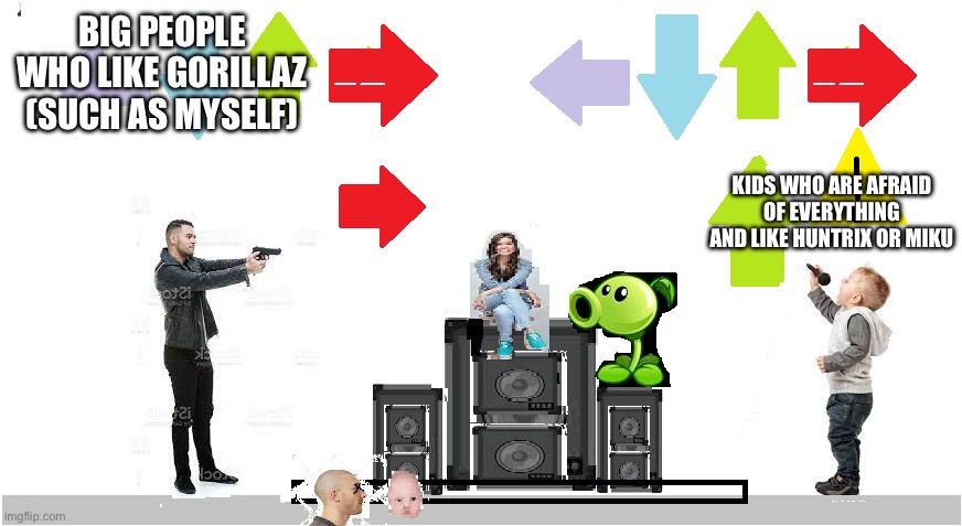 Gorillaz vs Huntrix and Miku in a nutshell (the latter two are overrated and for little girls, btw) | BIG PEOPLE WHO LIKE GORILLAZ (SUCH AS MYSELF); KIDS WHO ARE AFRAID OF EVERYTHING AND LIKE HUNTRIX OR MIKU | image tagged in baby vs man,why can't you just be normal,gorillaz,preference,kpop demon hunters,in a nutshell | made w/ Imgflip meme maker