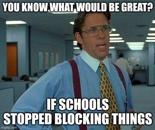 Blocking Sucks | YOU KNOW WHAT WOULD BE GREAT? IF SCHOOLS STOPPED BLOCKING THINGS | image tagged in memes,school sucks | made w/ Imgflip meme maker